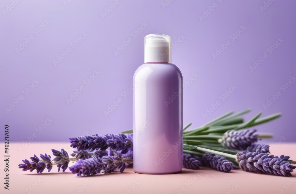 plastic bottle of cosmetics in minimalistic style, product on purple background with lavender plastic bottle of cosmetics in minimalistic style, product on purple background with lavender