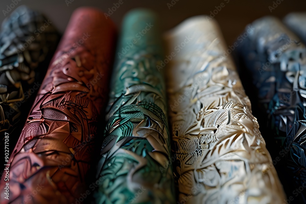 custom made wallpaper toronto digitalArtisanal wood carvings with intricate designs showcased on a rustic table, cuban cigars close-up, with smoke rising from them, bamboo Scroll Ancient Script.