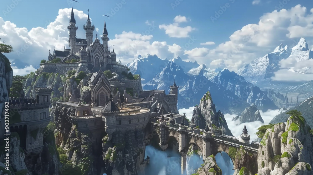 a towering mountain fortress overlooking a fantasy kingdom a towering mountain fortress overlooking a fantasy kingdom