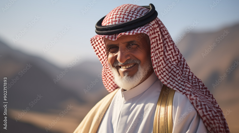A Saudi man wearing traditional clothes and smiling A Saudi man wearing traditional clothes and smiling