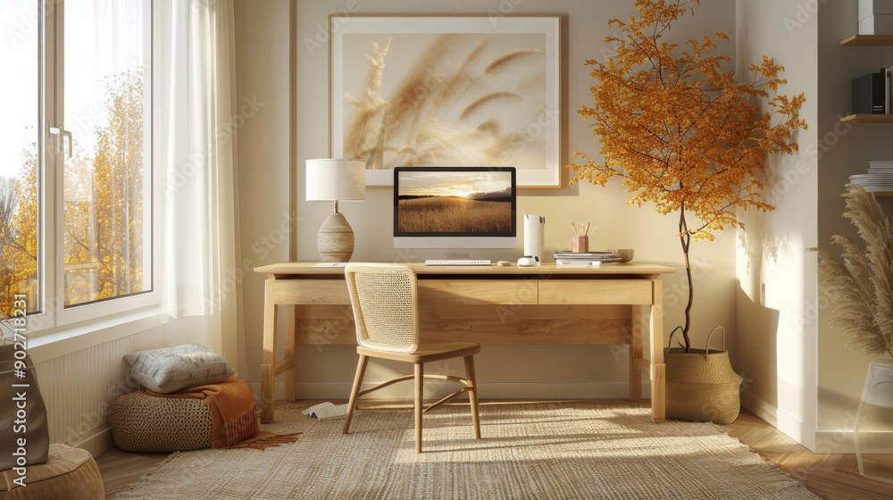 fall home office decor, a simple fall-themed home office with a modern desk, soft lighting, and subtle seasonal touches creates a warm and inviting workspace fall home office decor, a simple fall-themed home office with a modern desk, soft lighting, and subtle seasonal touches creates a warm and inviting workspace
