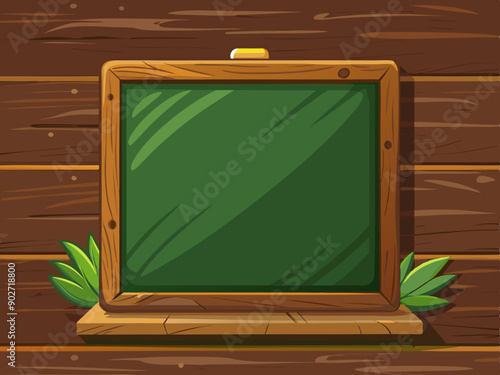 Cartoon vector illustration of school blackboard and leaves, vintage antique wooden isolated background