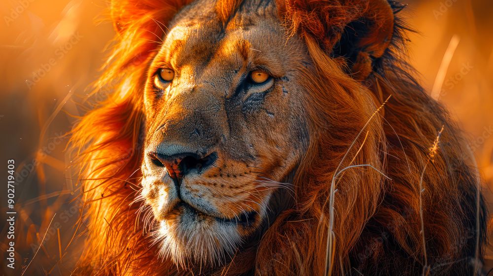 Fototapeta premium A majestic lion stands tall in the African savannah. Portrait of a Big lion in Kenya Africa at sunset. lion savanna predator, close up. Poster, picture