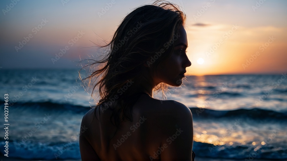 Fototapeta premium Woman in a black bikini her back view a shadow play with the subtle interplay