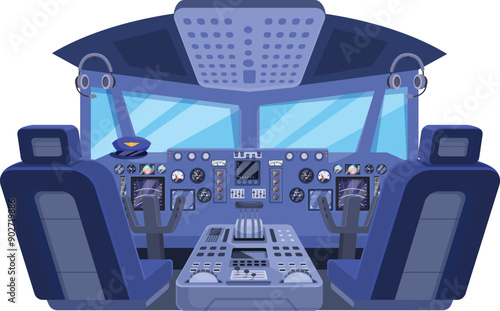 Airplane cockpit interior with dashboard and navigation equipment