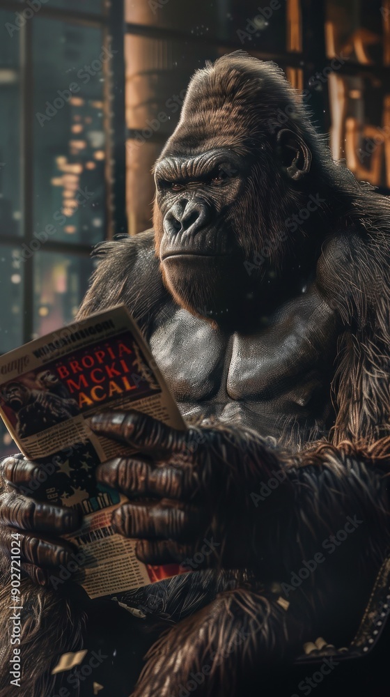 Gorilla engrossed in newspaper in a cozy room. Gorilla engrossed in newspaper in a cozy room.