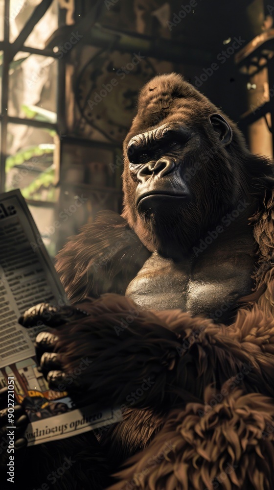 Gorilla Reading Digital Device in Cozy Room Gorilla Reading Digital Device in Cozy Room