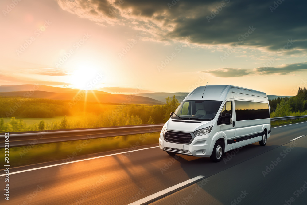White minibus driving on a scenic highway at sunrise, illustrating intercity travel and public transportation through picturesque landscapes White minibus driving on a scenic highway at sunrise, illustrating intercity travel and public transportation through picturesque landscapes