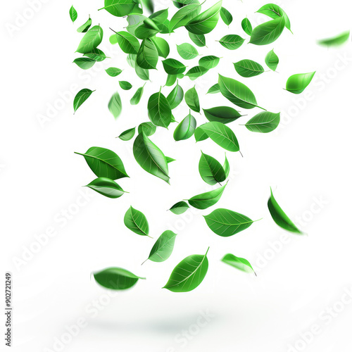 banner featuring flying leaves in a vibrant, electric green on white