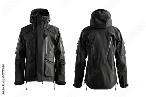 Black ski jacket for winter adventures, front and back views, on a clean white background.