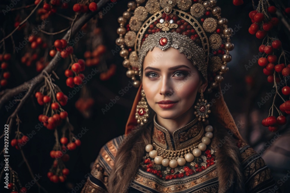 A beautiful girl in a traditional Russian national costume. Against the background of rowan trees. The portrait symbolizes the traditions and beauty of the Russian people. A beautiful girl in a traditional Russian national costume. Against the background of rowan trees. The portrait symbolizes the traditions and beauty of the Russian people.