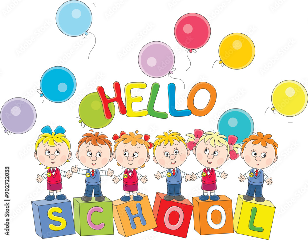 Hello school card with happy little schoolboys, schoolgirls and colorful holiday balloons on the first of September, vector cartoon illustration Hello school card with happy little schoolboys, schoolgirls and colorful holiday balloons on the first of September, vector cartoon illustration