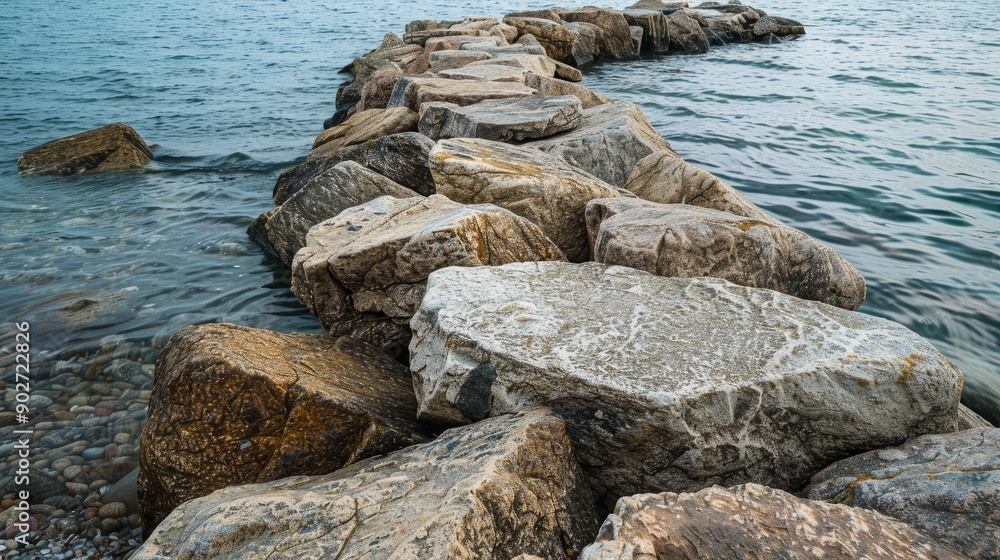 Breakwater made of large stones along the seashore
