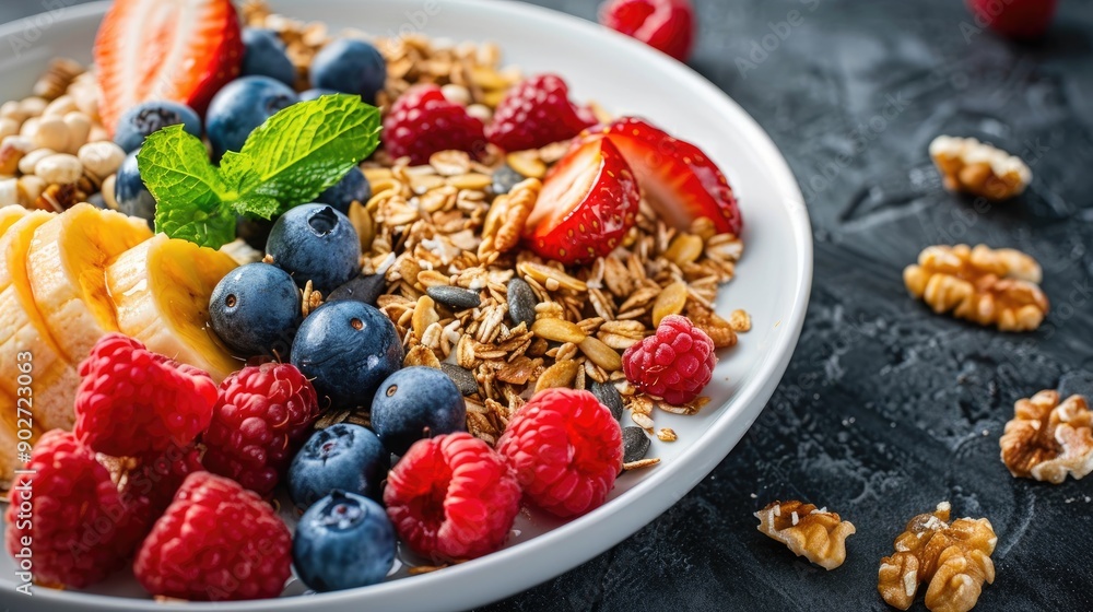 Fototapeta premium Breakfast Ingredients in White Plate with Selective Focus