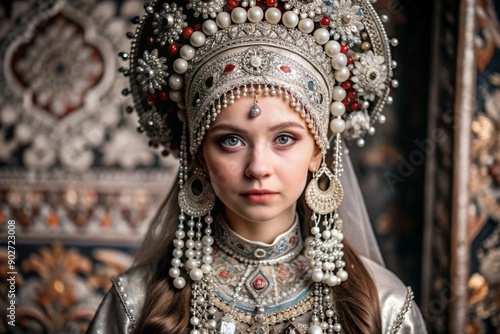 A beautiful girl in a traditional Russian national costume. The portrait symbolizes the traditions of Russia and the beauty of the Russian people. photo