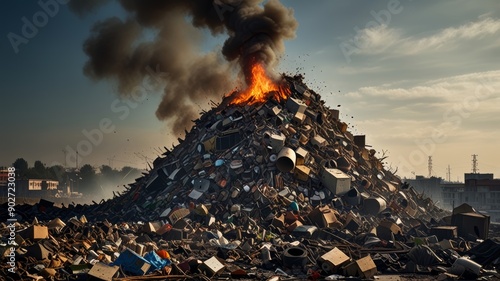 A huge pile of household garbage over fifty meters high, smoldering photo