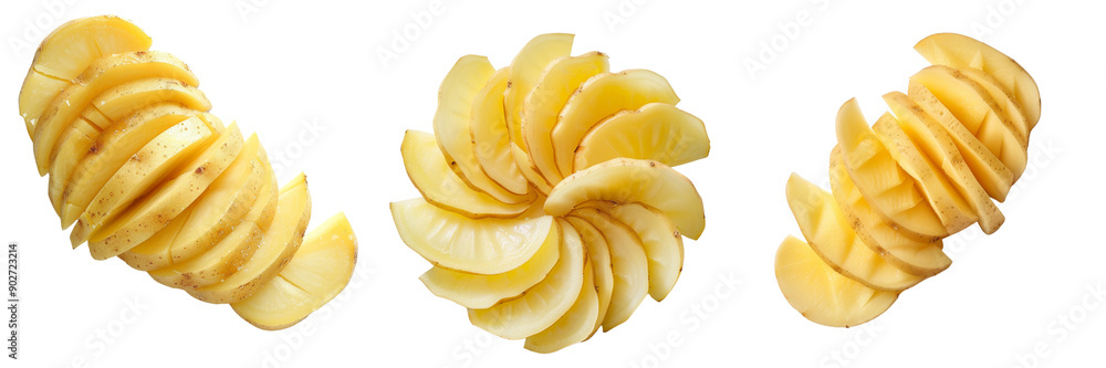 Set of A potato sliced into thin, even pieces isolated on transparent background Set of A potato sliced into thin, even pieces isolated on transparent background