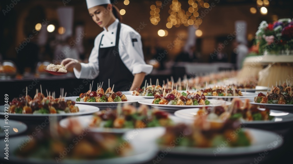 Fototapeta premium Chefs preparing gourmet dishes in a modern commercial kitchen setting.
