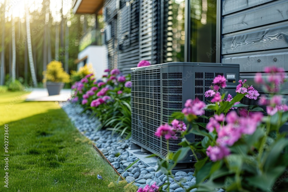 Air source heat pump installed in residential building. Air source heat pump installed in residential building.