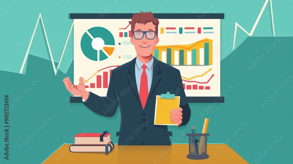 Fototapeta premium A businessman presents a business marketing report for success.