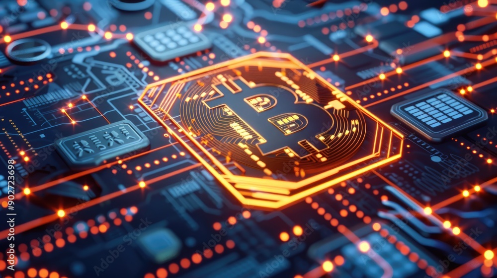 Bitcoin on computer motherboard representing digital and cryptocurrency concept Bitcoin on computer motherboard representing digital and cryptocurrency concept
