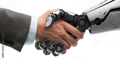 Human and robotic partnership symbolized in handshake.