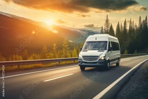 White minibus traveling on a scenic mountain road at sunset, highlighting the concept of long-distance travel and public transportation in nature. photo