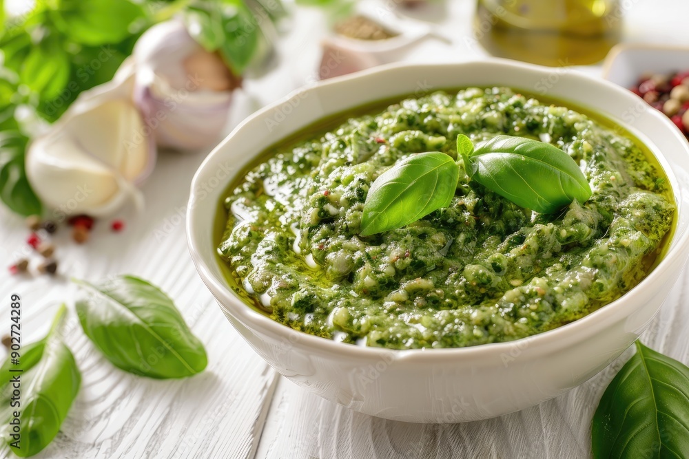 Herbal pesto in bowl on wooden white table Herbal pesto in bowl on wooden white table