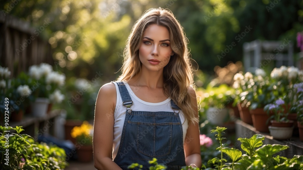 Young Woman in Overalls Standing in Sunlit Garden
Young Woman in Overalls Standing in Sunlit Garden