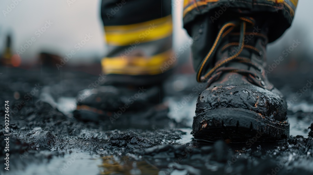 A firefighter’s boots are shown standing on flooded, muddy ground, reflecting the tough conditions and the unyielding spirit of first responders in emergencies. A firefighter’s boots are shown standing on flooded, muddy ground, reflecting the tough conditions and the unyielding spirit of first responders in emergencies.