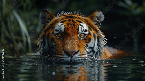 Majestic Tiger Swimming Through Calm Waters Surrounded By Lush Vegetation At Dusk