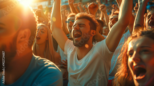 Sport fans cheering for their team on stadium at sunset. Crowd of Fans with Painted Faces Celebrate Victory. Soccer, football, tennis fans celebrate victory.