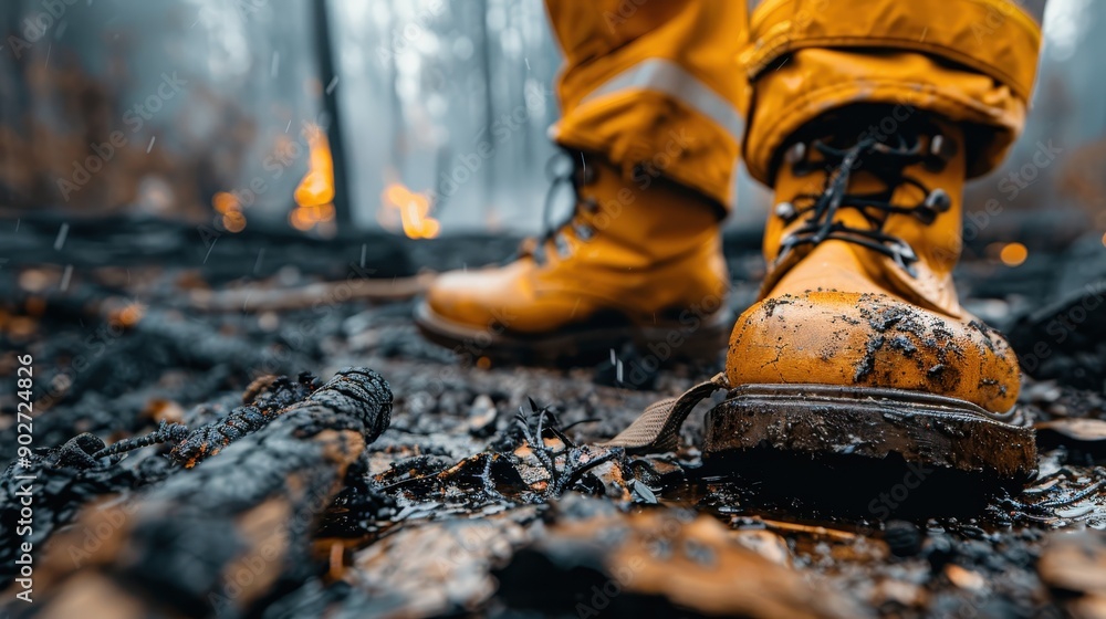 Yellow firefighter boots are visible in a mix of mud and ash, showing the harsh conditions and resilience required in firefighting and emergency response scenarios. Yellow firefighter boots are visible in a mix of mud and ash, showing the harsh conditions and resilience required in firefighting and emergency response scenarios.