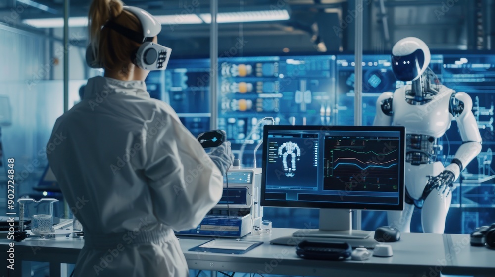 Scientist with VR headset works alongside android robot. Scientist with VR headset works alongside android robot.