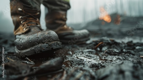 Close-up of work boots standing on water-soaked, charred ground post-fire, symbolizing the aftermath of disaster and the strength to rebuild from destruction. photo