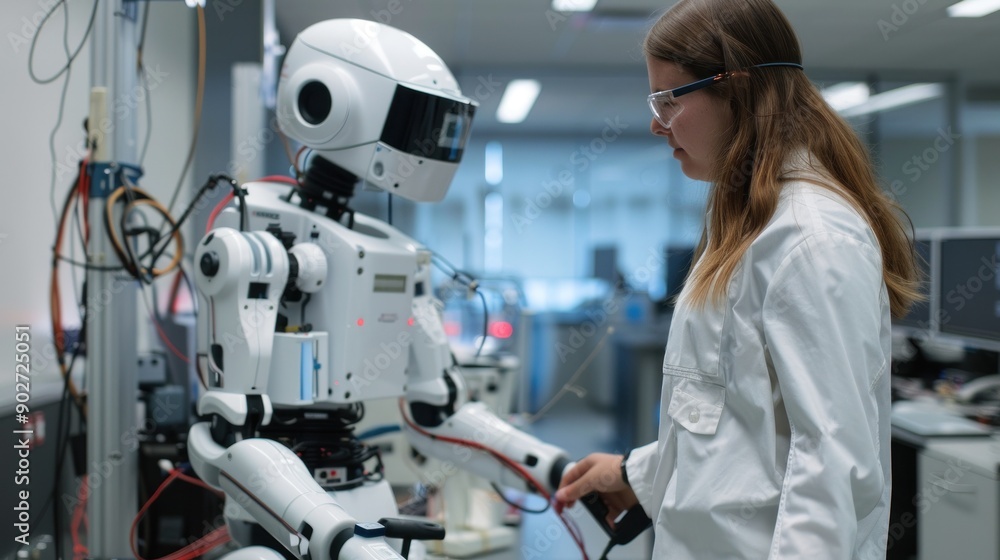 Scientist interacts with humanoid robot in laboratory Scientist interacts with humanoid robot in laboratory