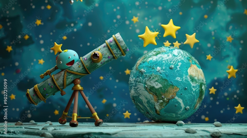 Naklejka premium 3D Earth character with telescope, exploring a star-filled galaxy, playful space art
