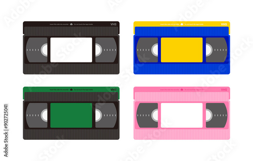 Illustration of the video tape 'VHS', which was made to record and play back video using cassettes. A set of colorful and retro style 'VHS' objects.