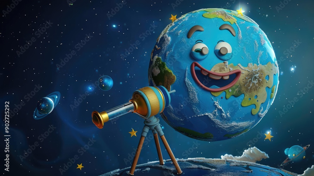 Naklejka premium 3D Earth with smiling face and telescope, looking at distant galaxies, whimsical and educational