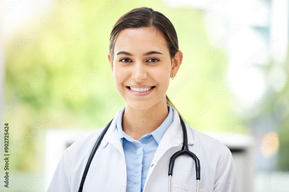 Doctor, woman and happy in portrait in clinic for healthcare, medical treatment or confidence for career in cardiology. Medicine, professional or person with stethoscope for hospital support or trust Doctor, woman and happy in portrait in clinic for healthcare, medical treatment or confidence for career in cardiology. Medicine, professional or person with stethoscope for hospital support or trust