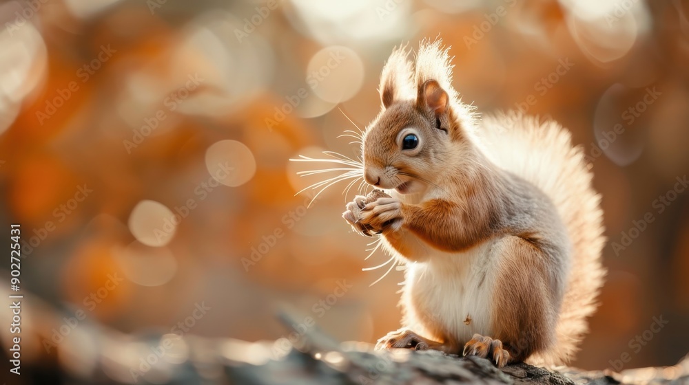 An enchanting orange squirrel sits engrossed in enjoying a nut, with the background beautifully blurred in bokeh style, highlighting the delicate details of the squirrel's fur. An enchanting orange squirrel sits engrossed in enjoying a nut, with the background beautifully blurred in bokeh style, highlighting the delicate details of the squirrel's fur.