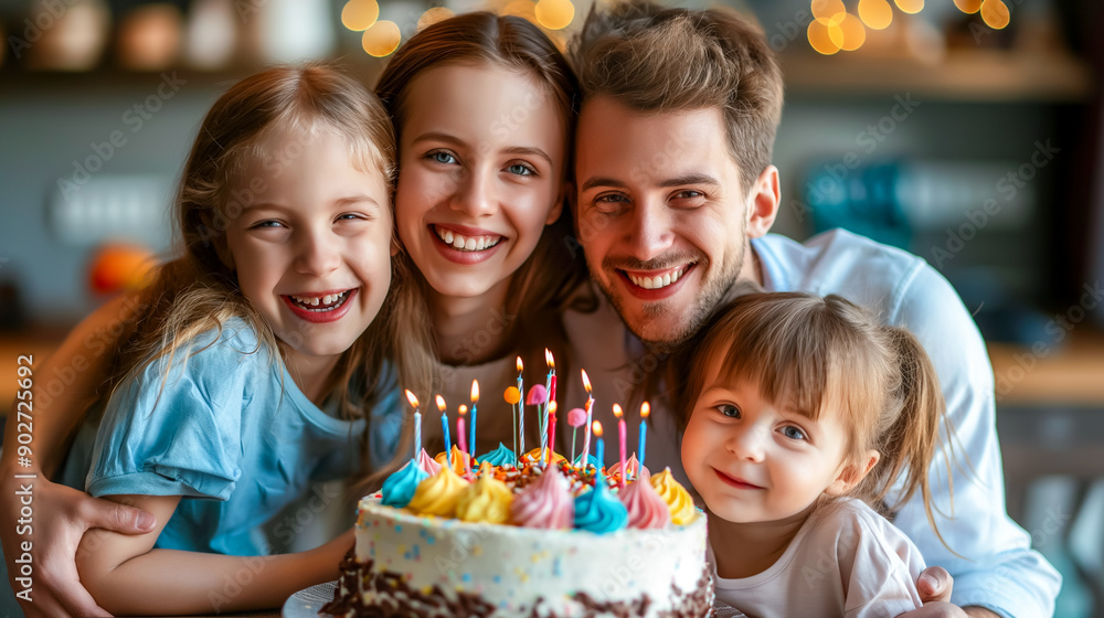 family celebrating a birthday with a colorful cake and joyful expressions. family celebrating a birthday with a colorful cake and joyful expressions.