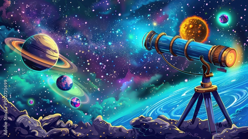 Naklejka premium Cartoon Earth with telescope, observing stars and galaxies, vibrant and fun space scene--no blur, grunge, splash, dust