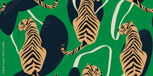 Tigers seamless pattern. Creative collage pattern. Fashionable template for design.
