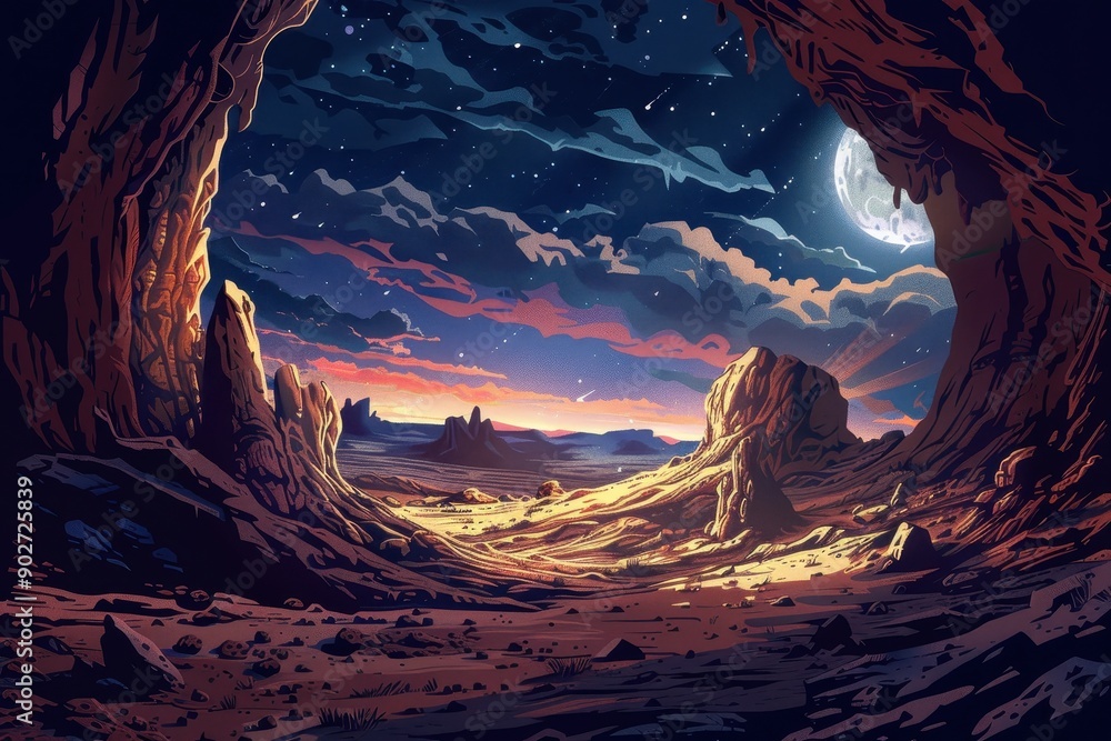 Fototapeta premium Desert Canyon Landscape with Moon and Stars