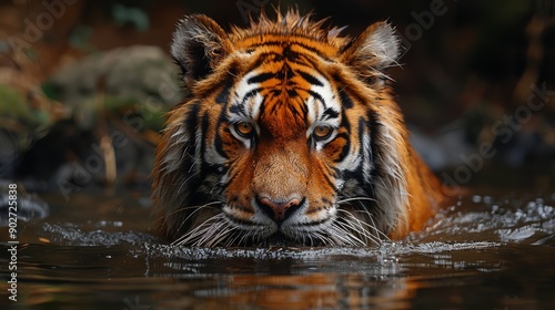 Majestic Tiger Swimming Gracefully in a Serene Jungle Water Body During Daytime