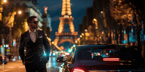 Fototapeta Naklejka Na Ścianę i Meble -  Private Driver in Suit with Luxury Car at Night in Paris near Eiffel Tower