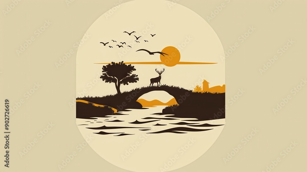 Beautiful Sunset Over Tranquil River With Deer Standing On A Hill Beautiful Sunset Over Tranquil River With Deer Standing On A Hill