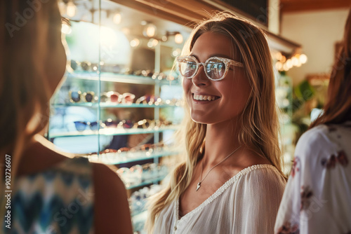 Young Caucasian Female Trying on Glasses and Communicating with Sales Consultant in Glasses Shop