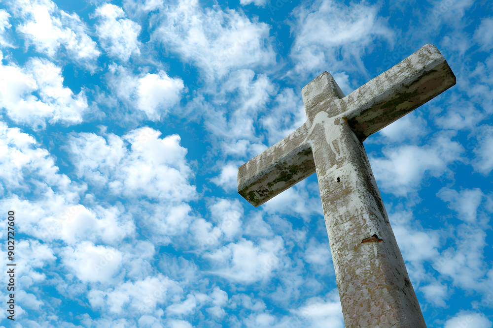 A large, white cross is standing in front of a blue sky A large, white cross is standing in front of a blue sky
